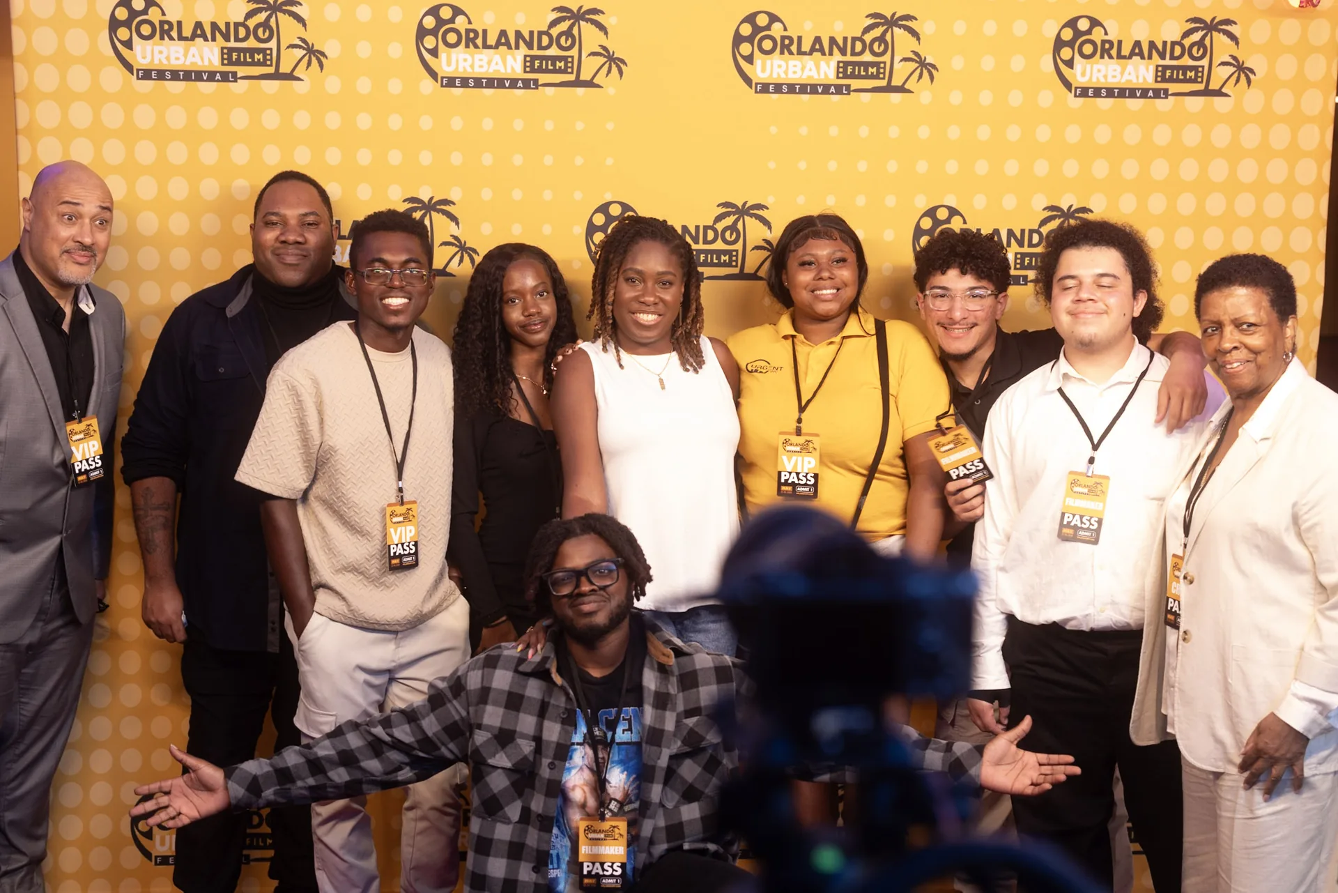 A large group of young filmmakers and guests posing together at the festival