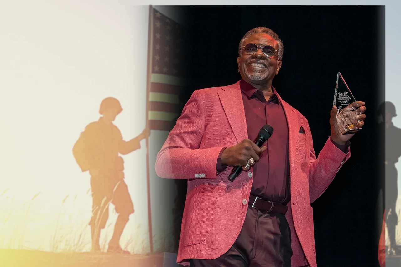 Service members holding the American flag at sunset, dissolving into a veteran honoree receiving his award on stage